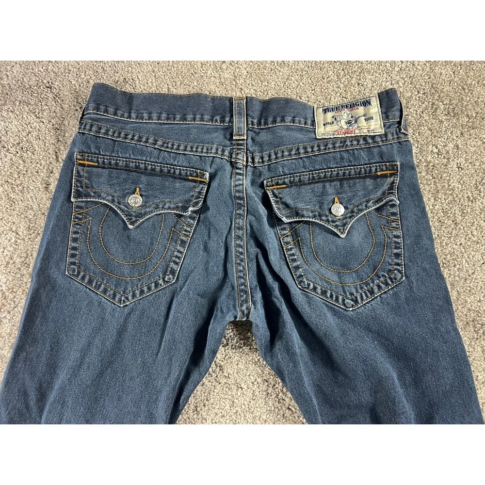 True Religion Straight Flap Jeans Mens 38 Dark Wash Blue Denim